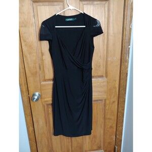 Lauren Ralph Lauren Dress Sz 6 Black Short Sleeve Faux Wrap Surplice Small